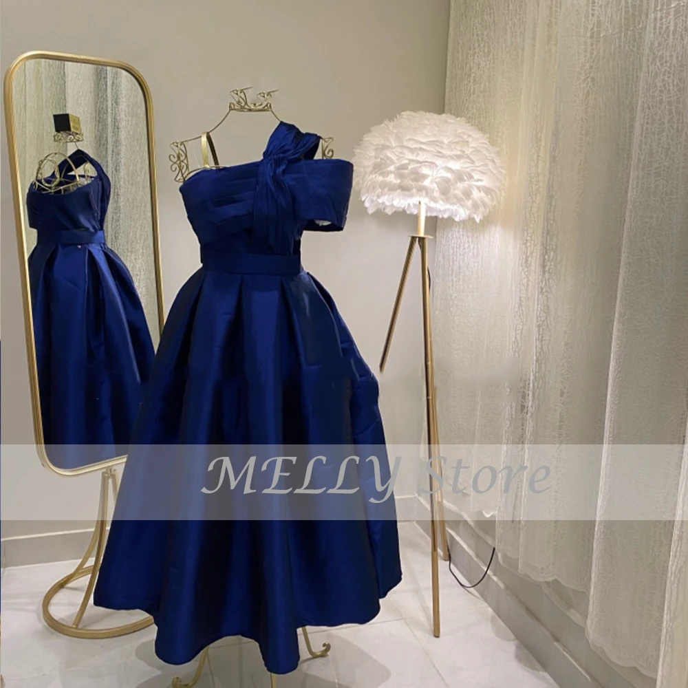 Blue Evening Dresses หนึ่งไหล่คอเรือ Vestidos De Fiesta Elegantes Para Mujer 2023 Line ความยาวชุดเดรสปาร์ตี้