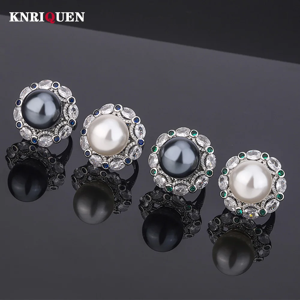 Vintage 16MM White Black Big Pearl Gemstone Rings for Women Cocktail Party Fine Jewelry Accessories Anniversary Gift Wholesale