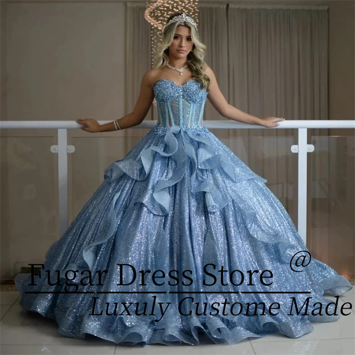 Customized Sky Blue Fashion Quinceanera Dresses Shiny Beadwork Sweetheart Ruffles A-line Corset Gowns Vestidos de 15 quinceañe