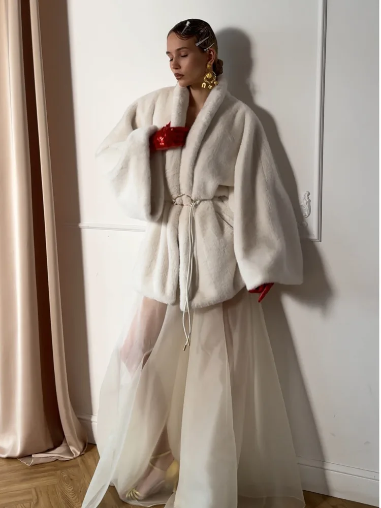 DFDG Abrigo de piel sintética blanco de invierno para mujer con cinturón de manga larga con frente abierto piel prendas de vestir exteriores cálidas 2025 piel de moda femenina