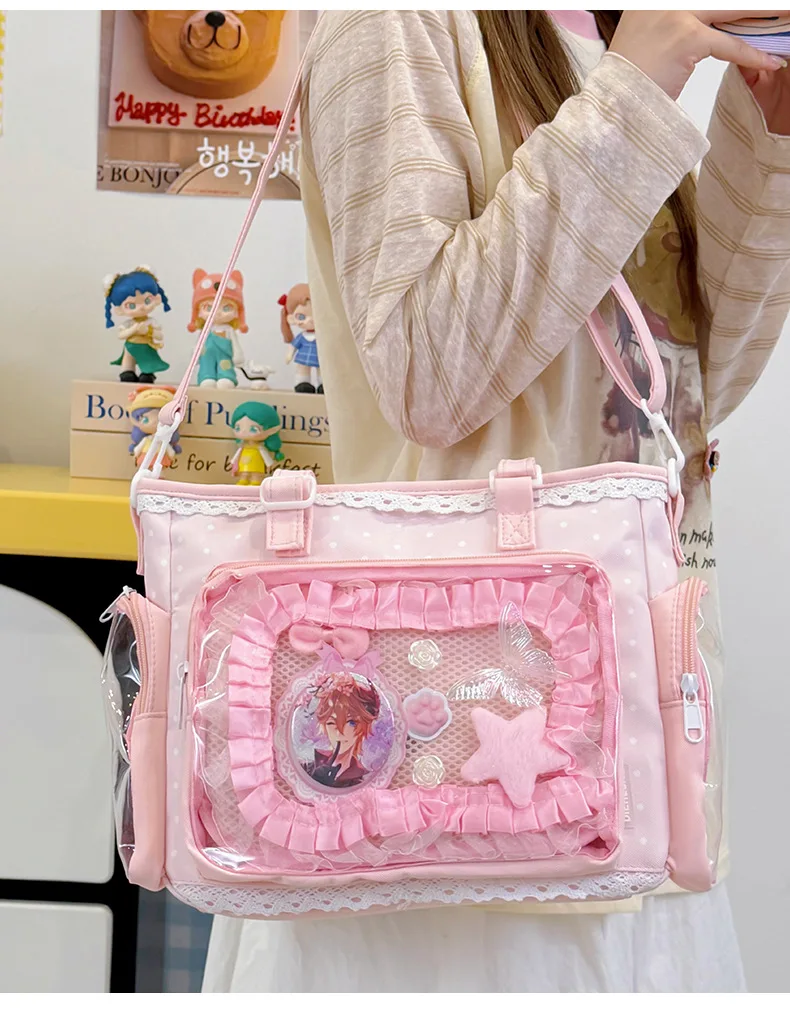 Neue Kawaii Leichte Umhängetasche Anime Transparente Ita-Tasche Damen Schulter-Crossbody-Tasche Modische Polka-Dot-Schleifen-Tragetasche – Detail 15