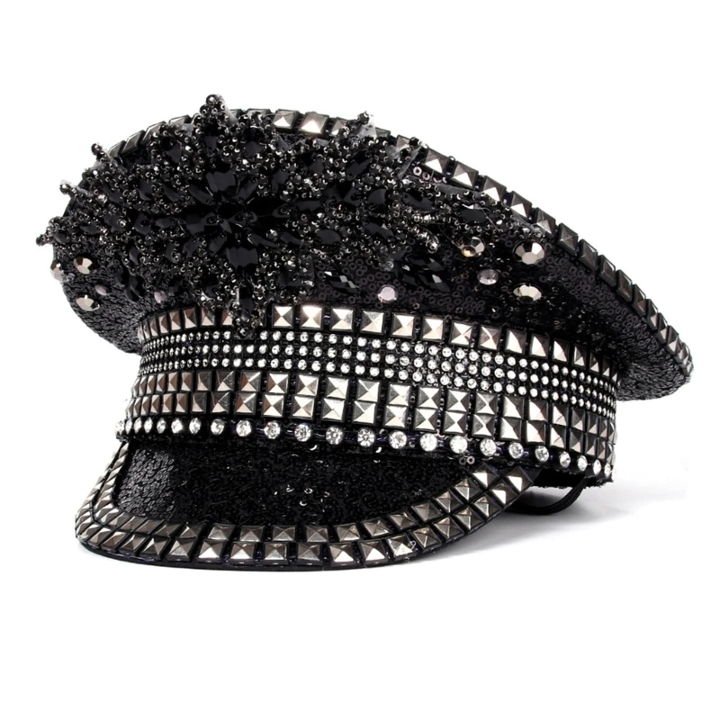 652F Bejeweled Captain Hat Heavy Crystal Hat Surprise Gift for Girl Boys Hat for Carnivals Music Festival