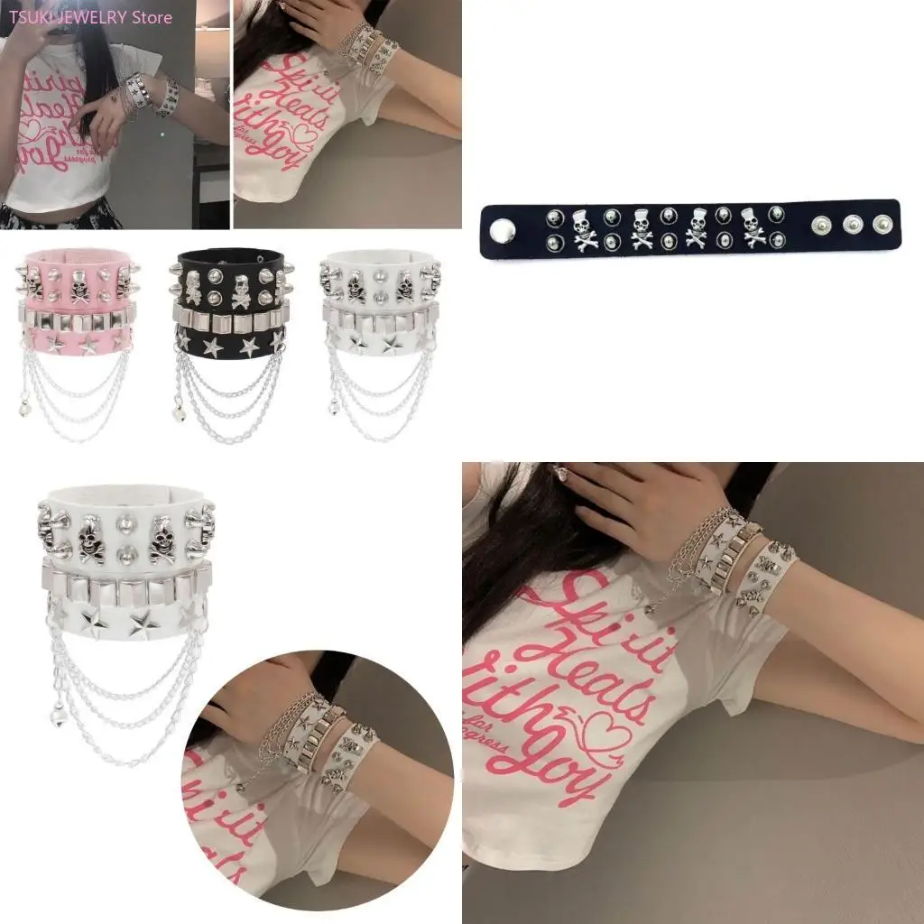 62KE 2Piece Skeleton Rivet Bracelet Cool Punk Star Multilayered Wristband