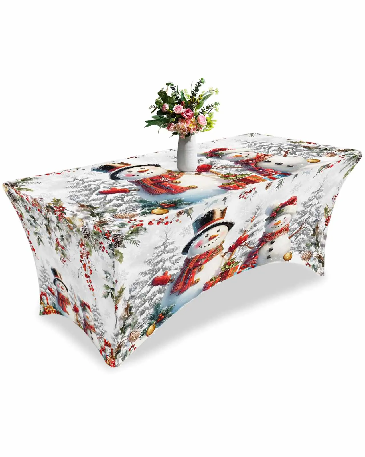 Christmas Pine Berry Eucalyptus Leaf Snowman High Stretch Tablecloth Wedding Party Decor Table Cover Outdoor Table Cloth