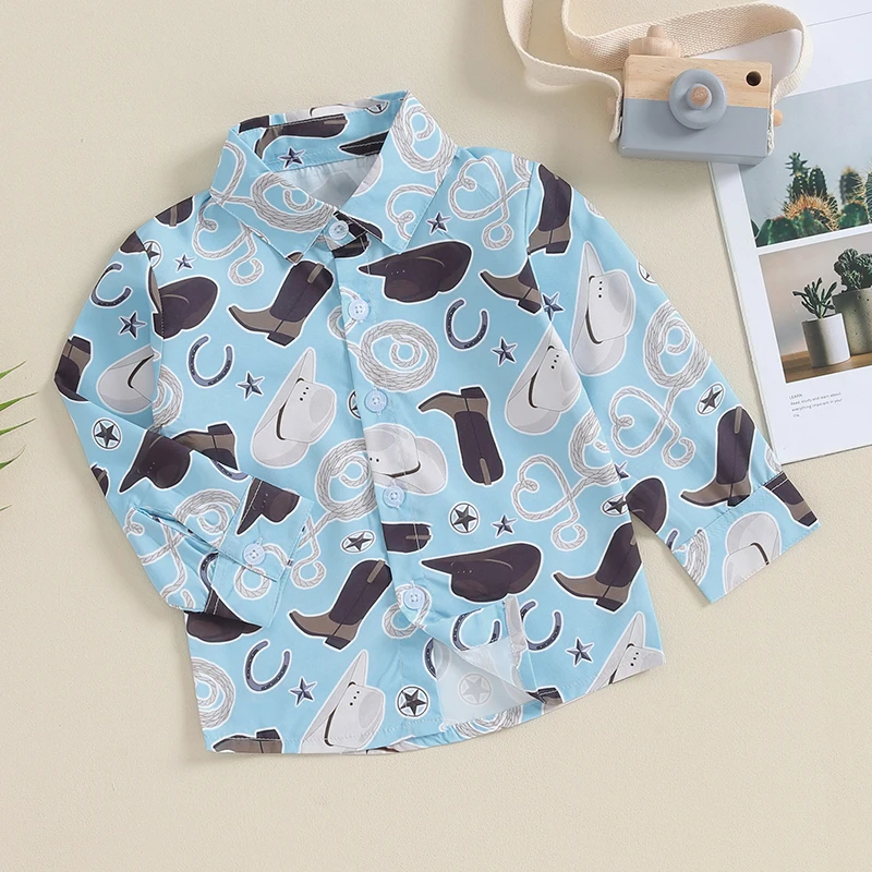 Baby Boys Shirt Long Sleeve Turn-down Collar Button Closure Cactus Hat Print Toddler Fall Shirt Casual Tops