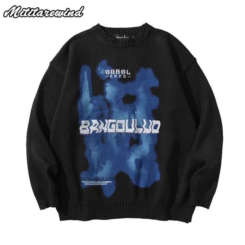 

Autumn Winter Contrast Color Abstract Pattern Pullover Sweater Men Casual Loose Round Neck Warm Knitted Sweater Black White