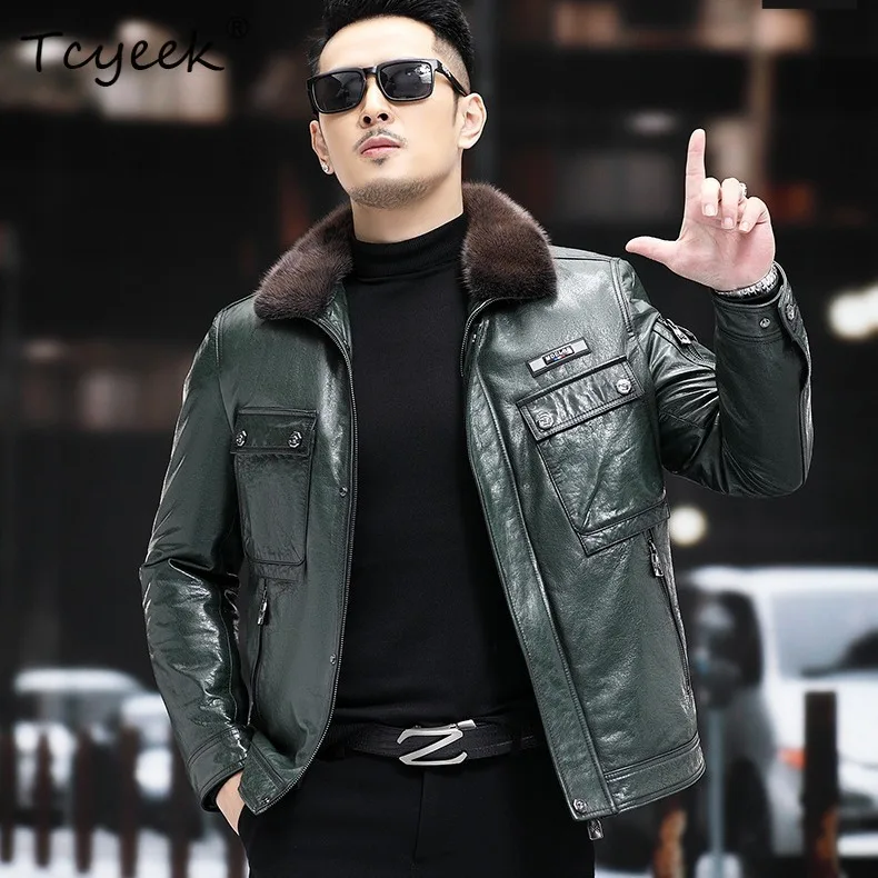 

Tcyeek Top Layer Cowhide Genuine Leather Down Jacket Men 2025 Mink Fur Collar New in Coats Winter Autumn Clothes Jaqueta Couro