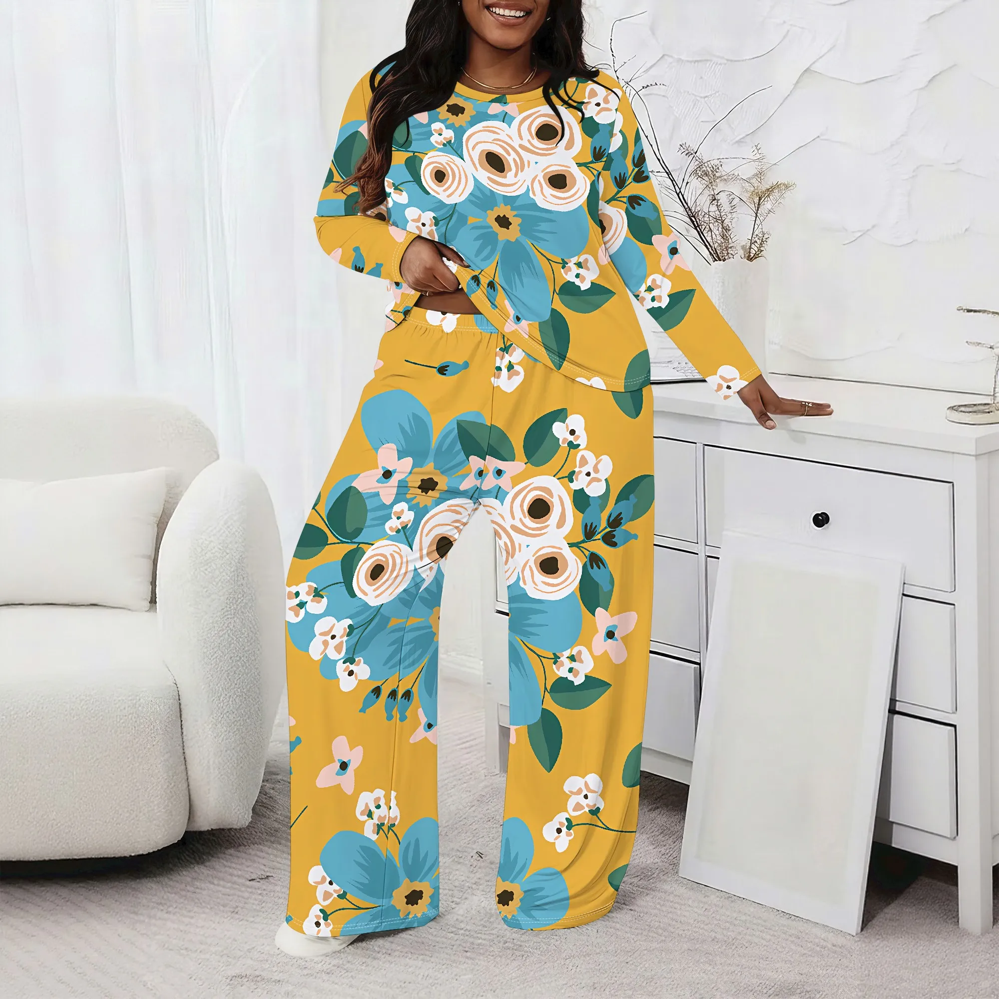 

Женский комплект больших размеров из двух предметов с 3D-геометрическим принтом, повседневный, свободного кроя, с круглым вырезом, с длинными рукавами (с карманами)