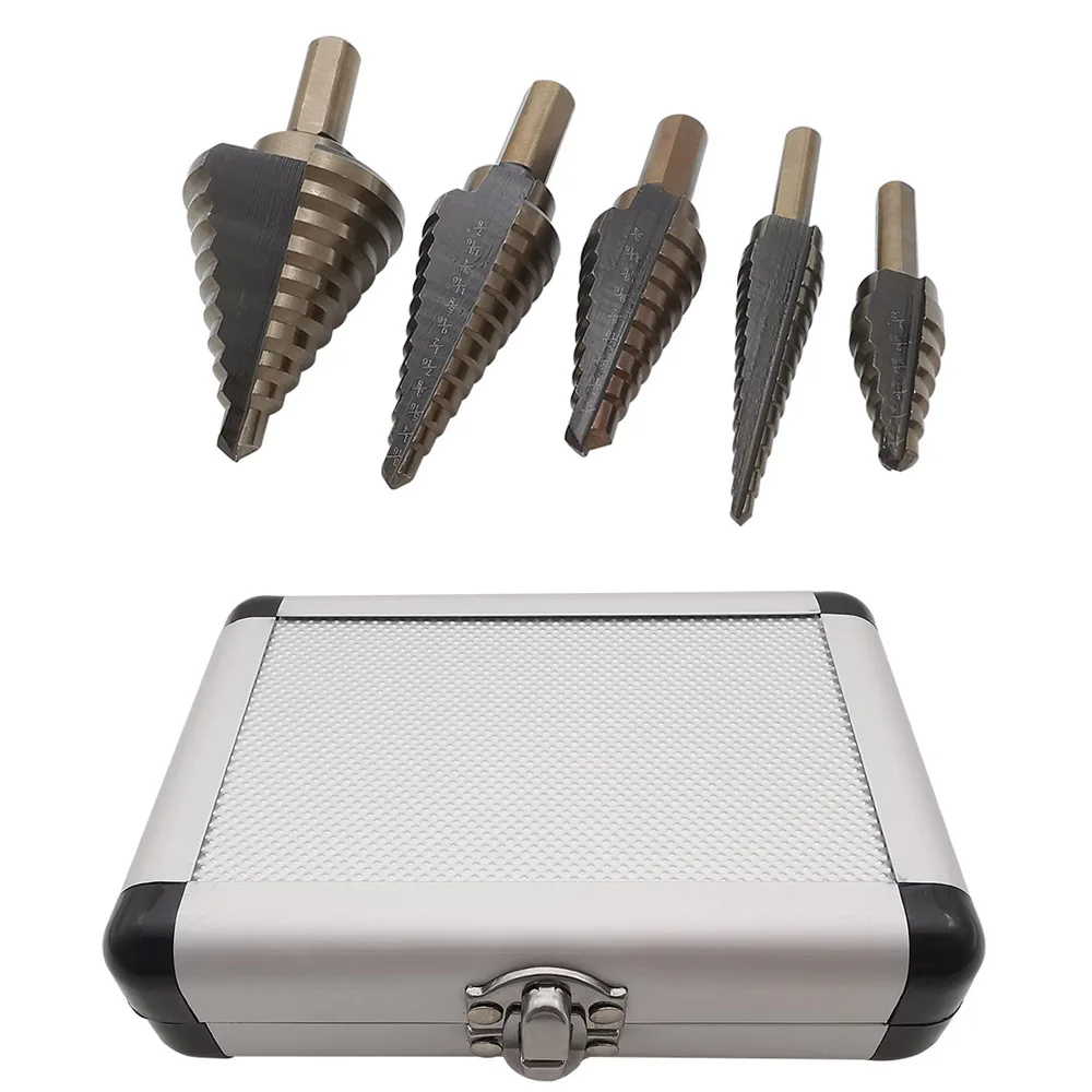 5Pcs Titanium Coated Step HSS Drill Bit Metal Power Tools Speed Steel Wood Hole Cutter Cone With Aluminum Case