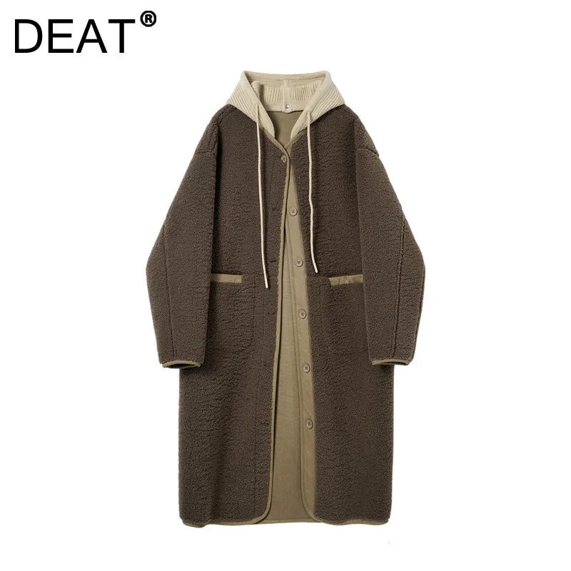 DEAT Women's Coat Patchwork Knitted Hooded Faux Lamb Fur Single Breasted Loose Long Jackets 2025 Spring New Fashion 29L9192