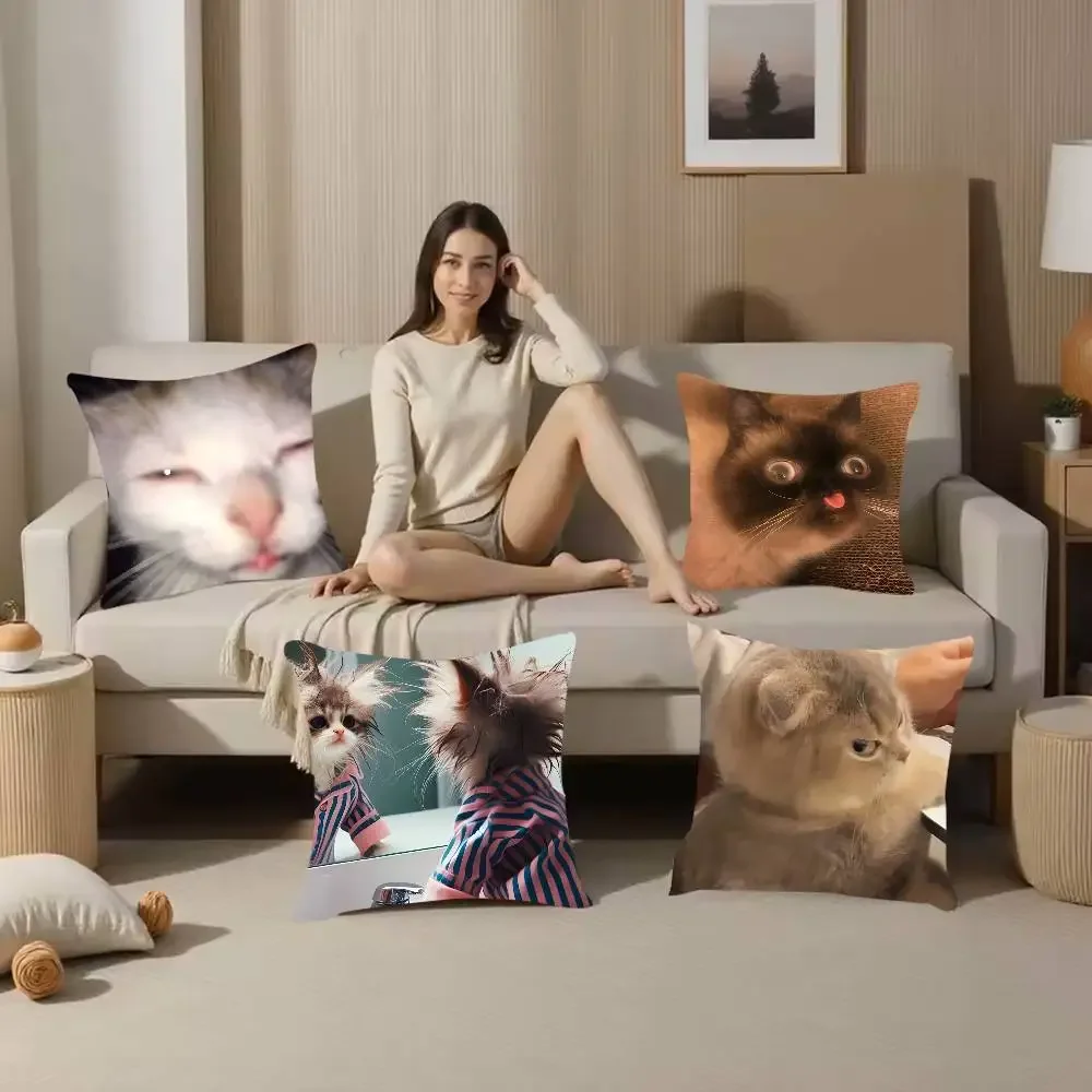 Pet Cat Funny memes Pillow Case  Anti-dustmite Pillowcase Invisible Zipper Silky Short Plush Sofa Cushion Cover