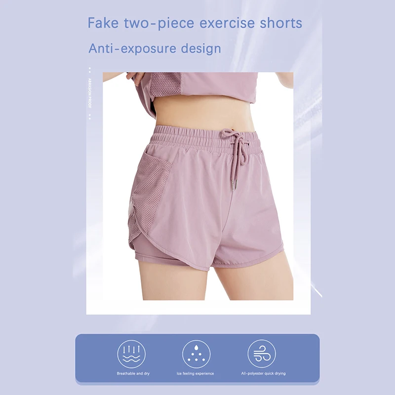 

Summer Casual Yoga Shorts Female Outdoor Running Mesh Quick-Drying Fitness Clothing Anti-Glare Fake Two-Piece Sports Female Pant