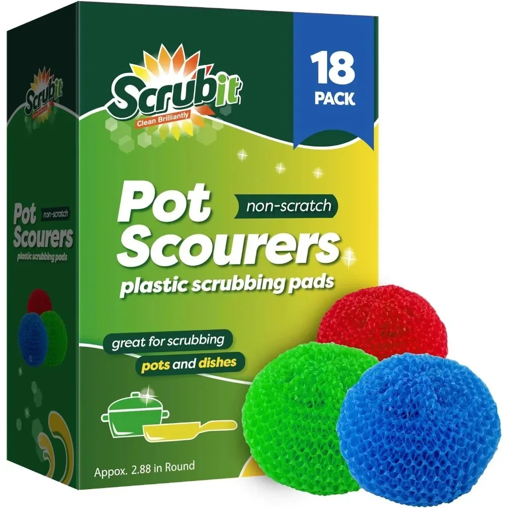 18 Round Nylon Dish Scrubber Scouring Pads - Assorted Colors Scourer Pads - Tough and Durable - Non-Scratch for Non-Stick Cookware