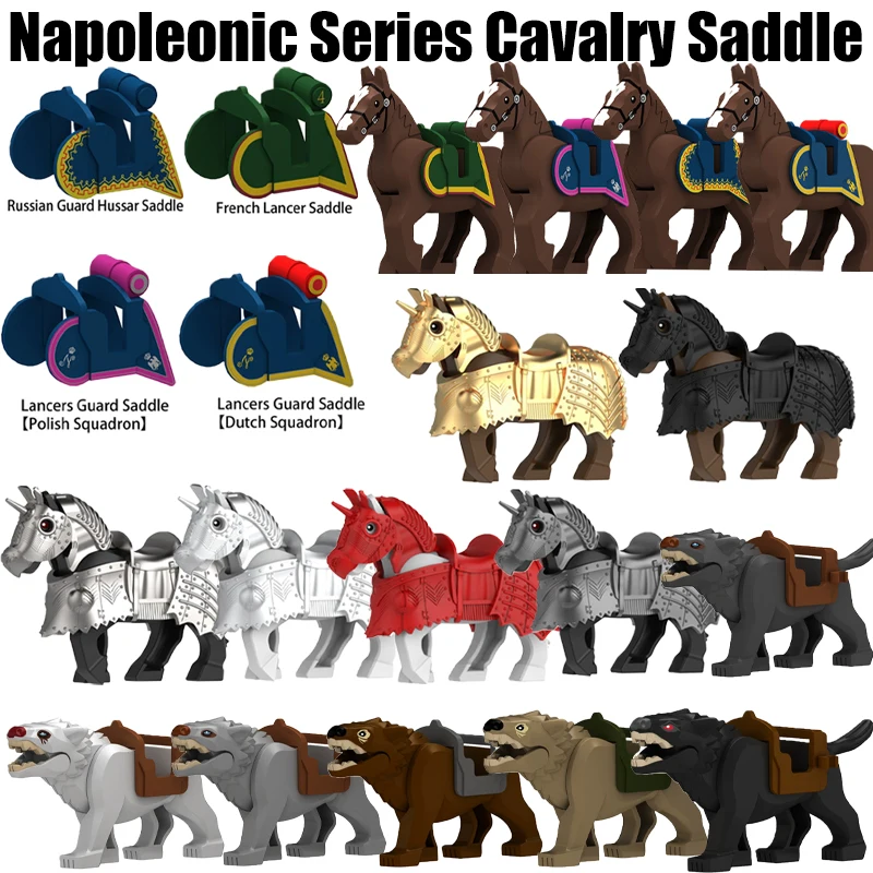 Sillín de caballería de la serie napoleónica militar Medieval, bloques de construcción, figuras de soldado Castillo, accesorios de caballos de guerra, juguetes de regalo