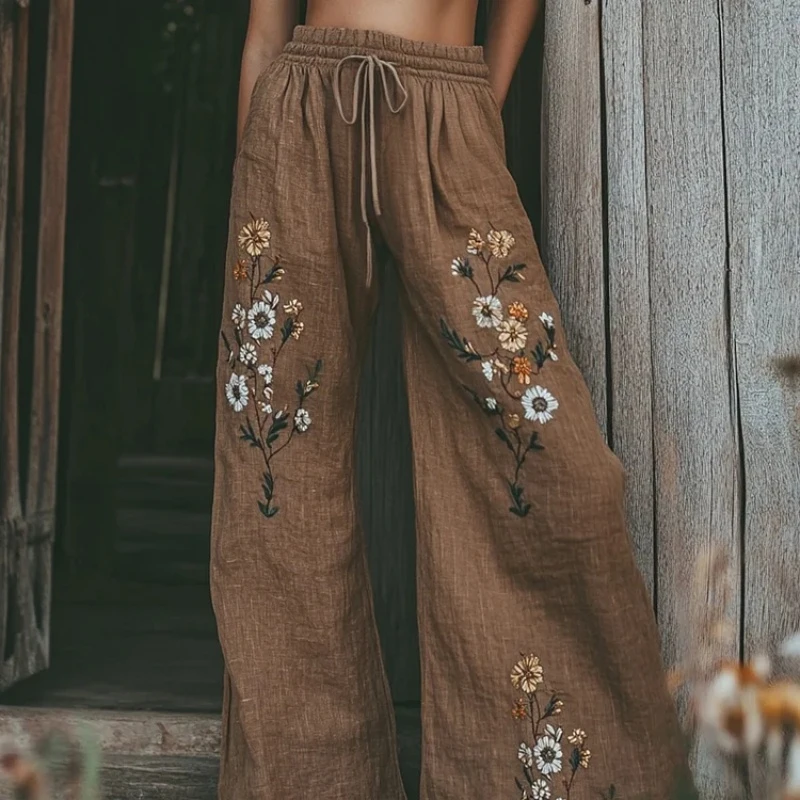 Celana Wanita Kasual Santai Model Tali Serut Kaki Lebar Gaya Retro Fashion Outdoor Streetwear Nyaman