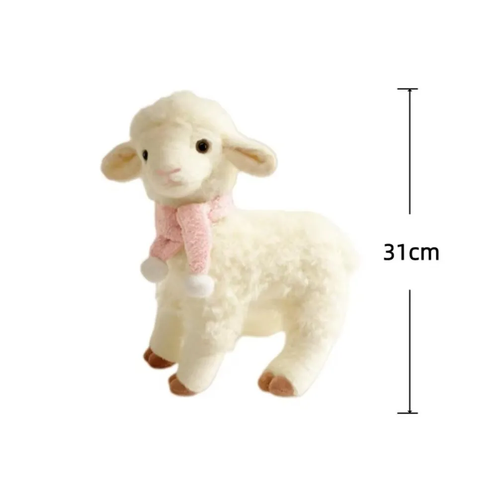 26cm 31cm Standing Sheep Plush Toy Pink Scarf White Pompom Soft Curly Fur Animal Stuffed Animal Soft Curly Fur