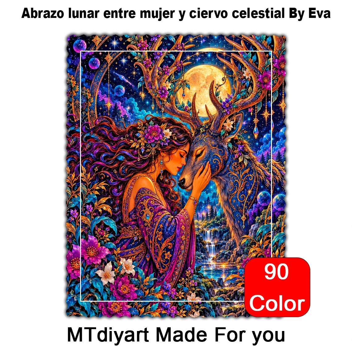 Abrazo lunar entre mujer y ciervo celestial Tattoo Queen By Eva 90 Colors 50x70 70x100 Diamond Painting