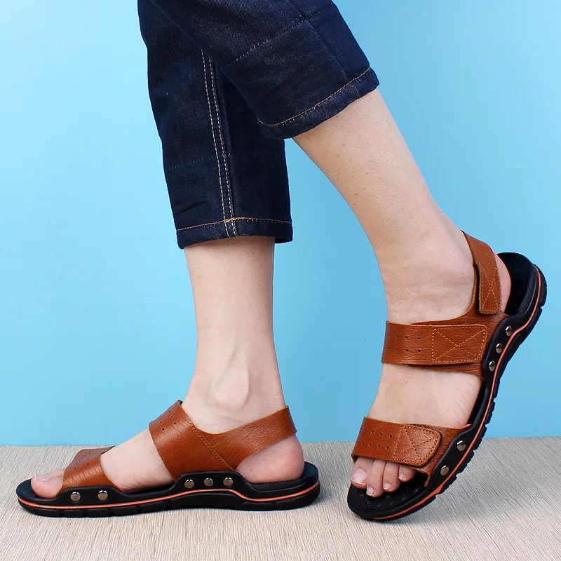 

Summer New Men's Genuine Leather Sandal Breathable Beach Outdoor Shoes Flat Bottomed Open Toe Slippers Fashion Comfortable Shoes