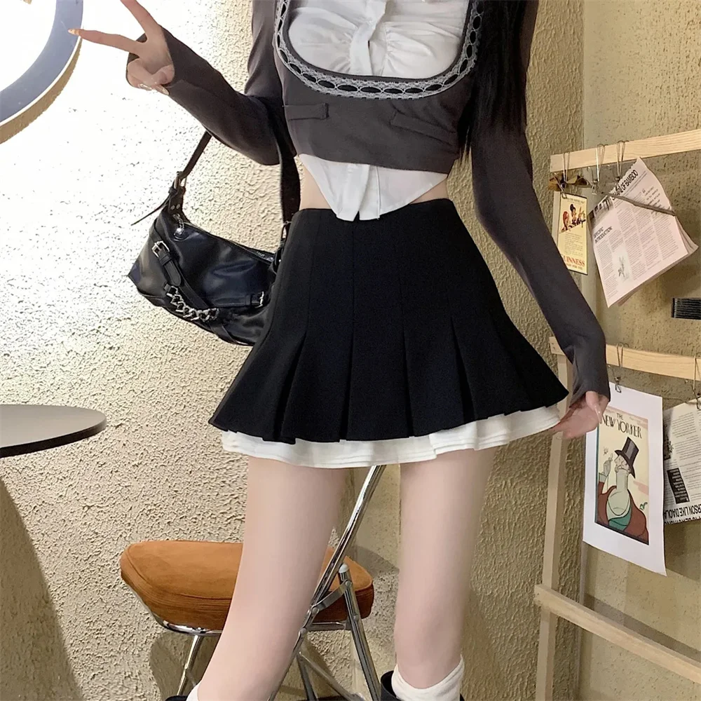 

Черная мини-юбка с рюшами для женщин, корейская плиссированная юбка в стиле пэчворк, японская юбка-трапеция с высокой талией в стиле кавайи, универсальная, Y2K, новинка