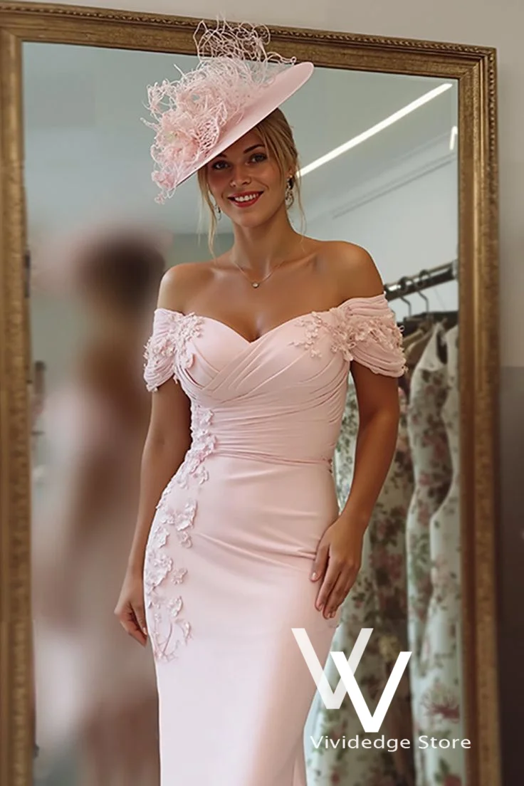 Pink Flower Mother-of-the-Bride Dress Bespoke Knee Length Off the Shoulder Pleated Details Bridal Mother Dress Customized