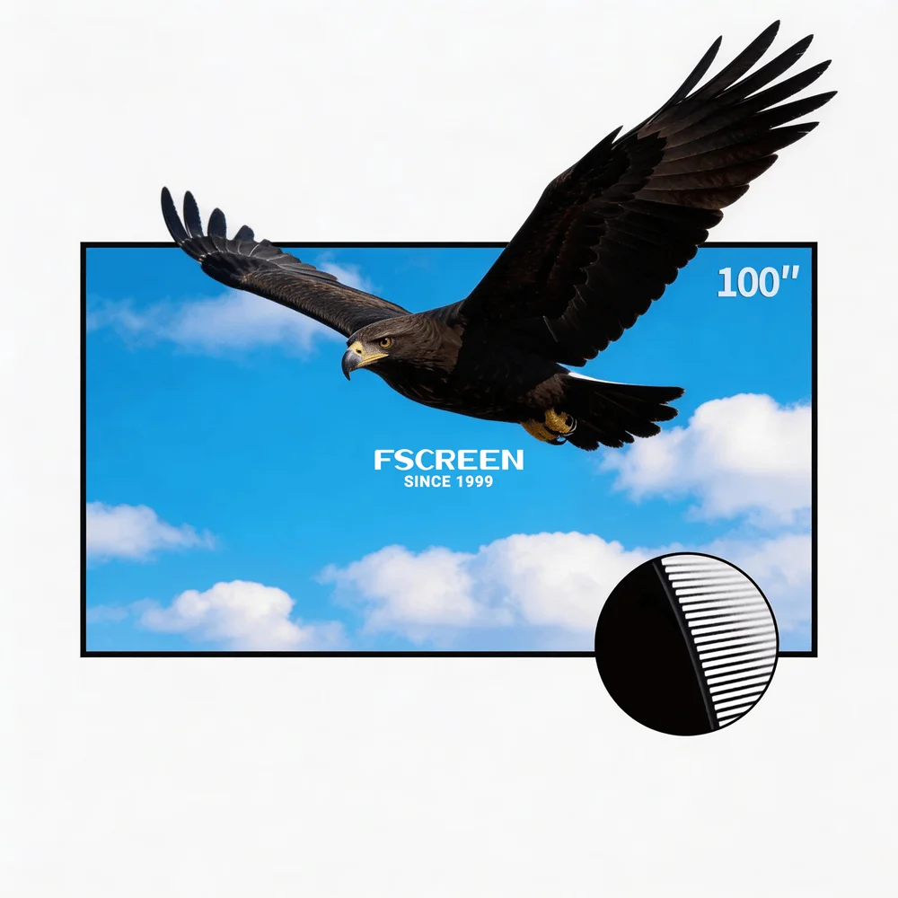 Fscreen Nyx Series 100 Inch CLR Lenticular Projector Screen For UST Projector Fixed Frame Laser TV Black Grid CBSP 4K UHD 16:9