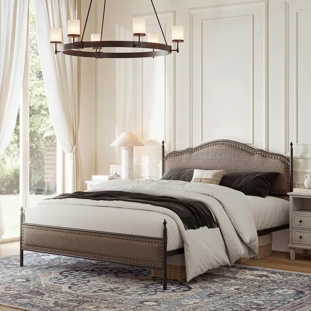

King Size Metal Platform Bed with Upholstered Headboard, Linen, Wood Slat Support, No Box Spring Needed, Easy Assembly, Noise-Fr