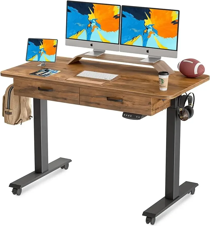 55'' Adjustable Height Electric Standing Desk with Double Drawer, Stand Up Home Office Desk with Splice Tabletop