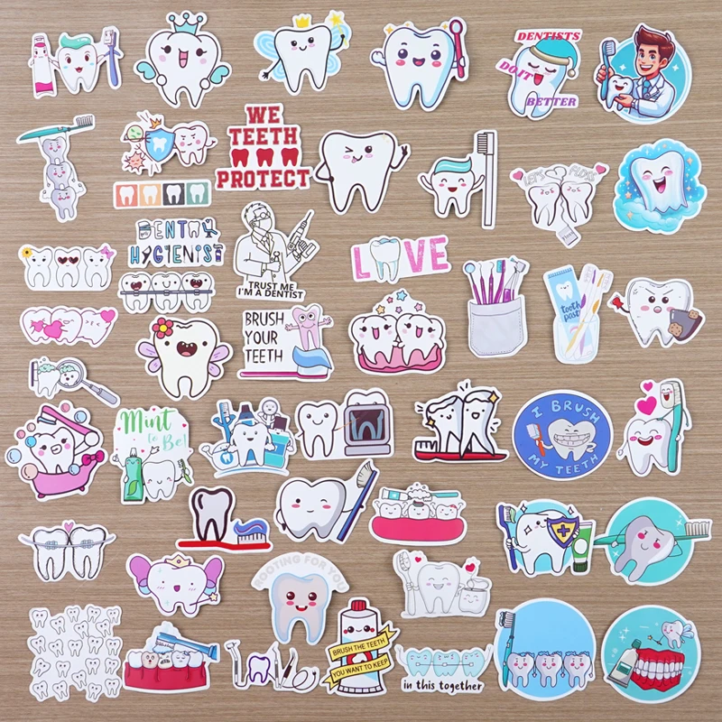 50Pcs Cute Dental Tooth Shaped Stickers Dentistry Decorative Sticker Graffiti Decals Toothbrush Label Dentist Kid Gifts