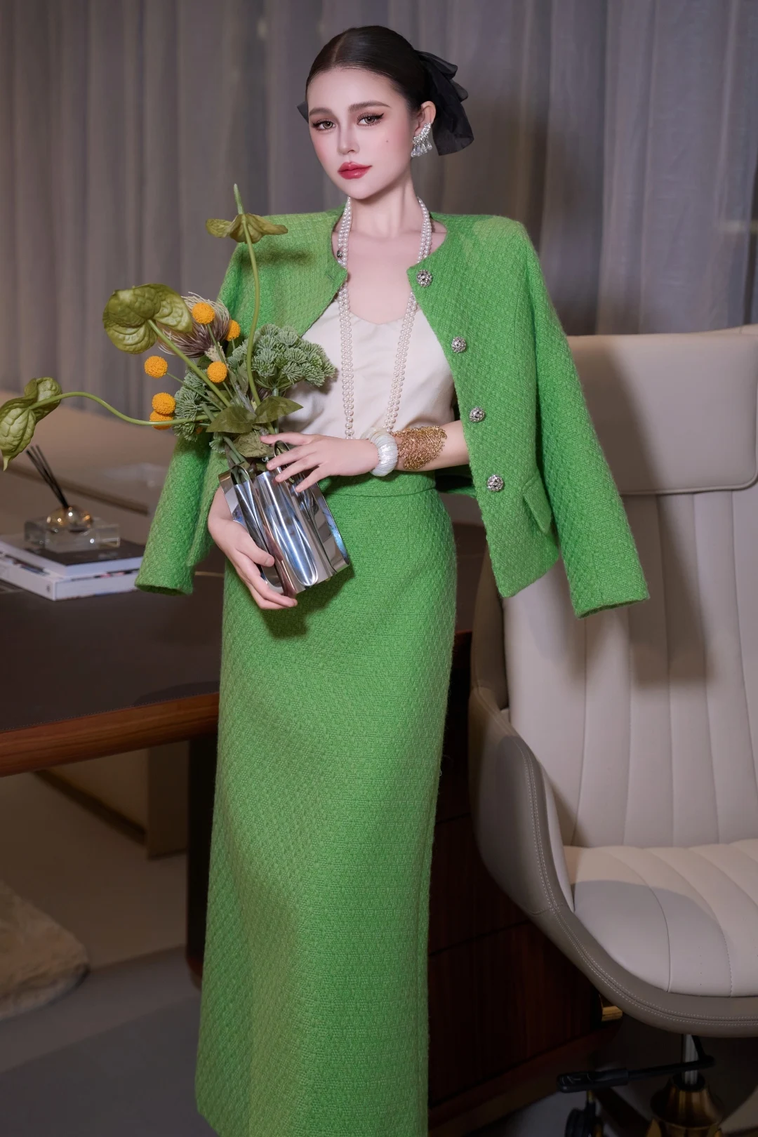 ZJYT أنيقة الخريف الشتاء المرأة سترة صوفية وتنورة دعوى 2 قطعة الزي الأخضر موضة فستان الحفلات مجموعات الملابس النسائية