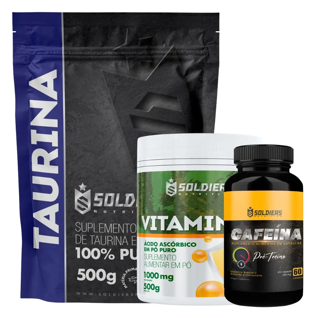 Kit: Taurine 500g + Cafeine 60 Caps 200mg + Vitamin C Powder 500g-Imported Pure 100%-Soldiers Nutrition