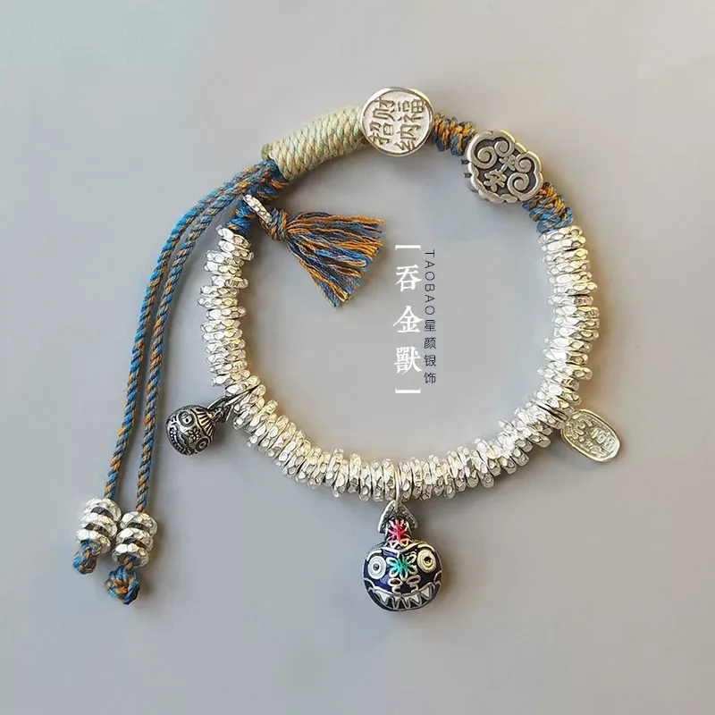 

New Chinese Gold Swallowing Beast Sterling Silver Plate Wrapped Hand Rope Solid Women's 999 Foot Silver Ruyi Blue Bracelet
