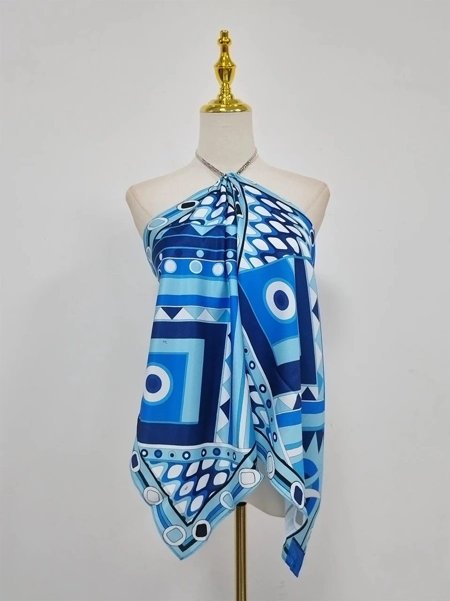 VGH Daily Street Style Blue Print Halter Satin Tank Tops for Women Sleeveless Asymmetrical Hem Design Vest for Beach Vacation image 3