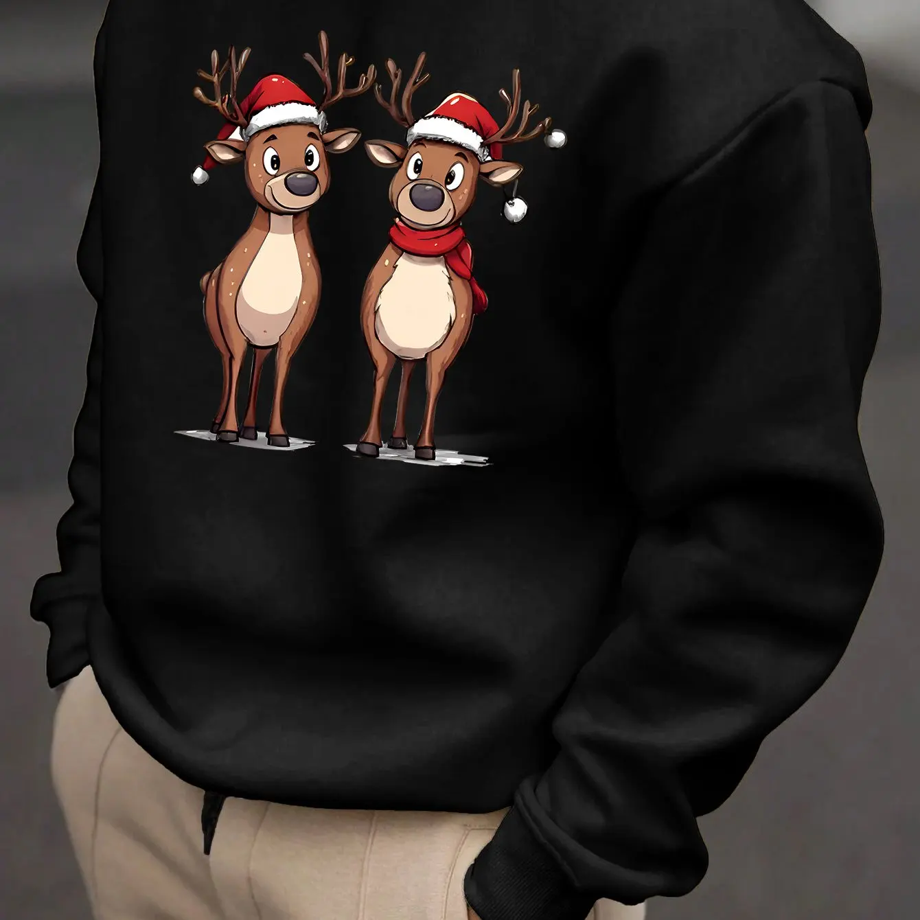 

New Funny Minimalist Christmas Reindeer Printed Crew Neck Men's Sweatshirts Outdoor Street Christmas Party Fashion Y2k Clothing