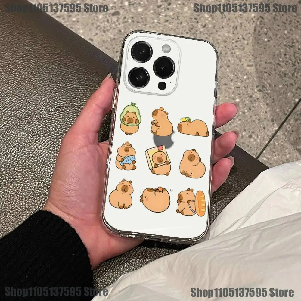 Casing HP Lucu Kartun Kapibara Imut Untuk iPhone 16,15,14,13,12,11 Pro,Max,Plus,X,XS,XR,SE4,E Mini Transparan Bahan Lembut
