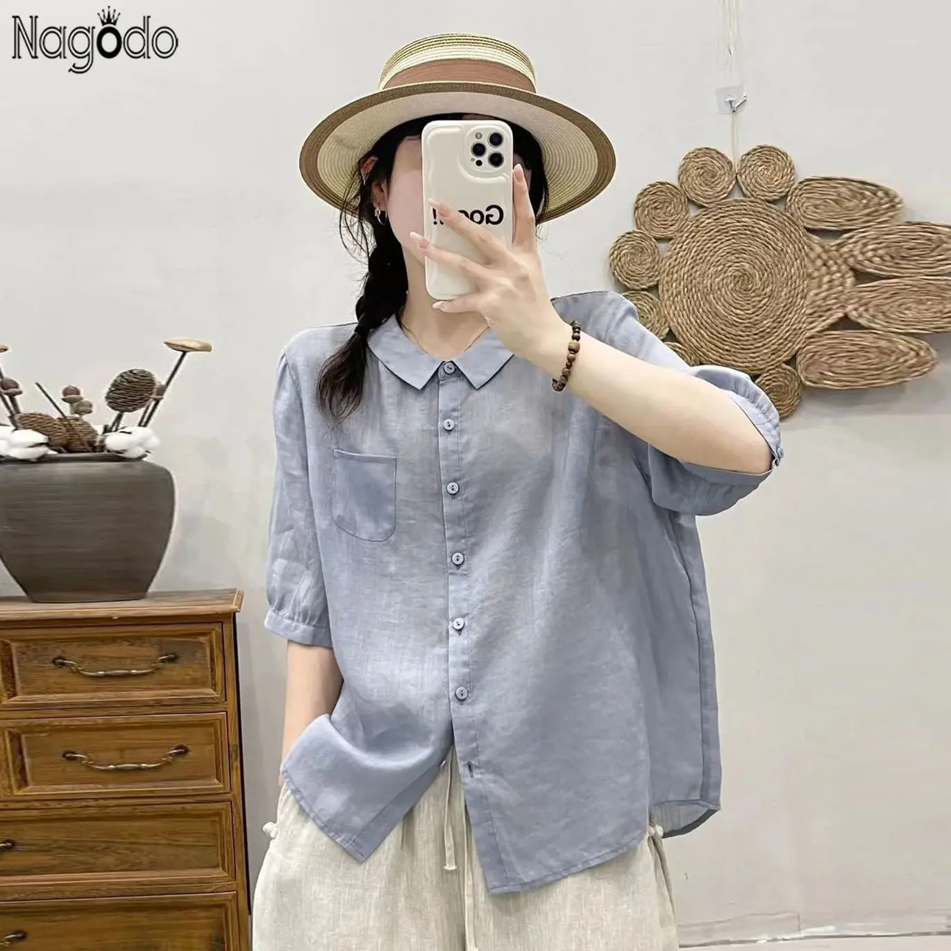 

Summer Cotton Linen Women's Blouse Turn-Down Collar Breathable Top Solid Loose Lady Shirt Pocket Retro Tee Half Sleeve Tops