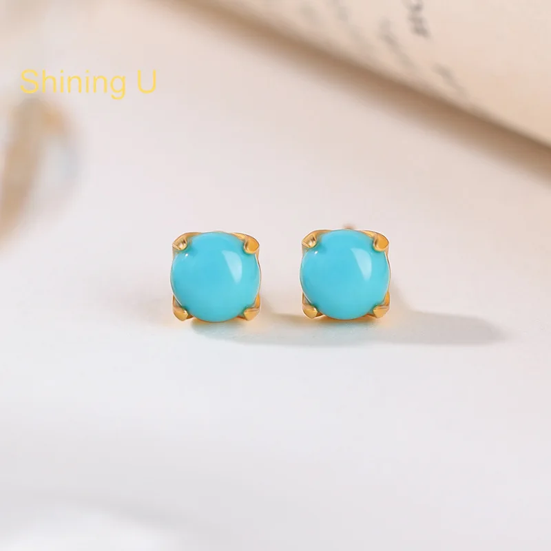 Shining U 925 Sterling Silver 5mm Round Turquoise Stud Earrings for Women Fine Jewelry Summer