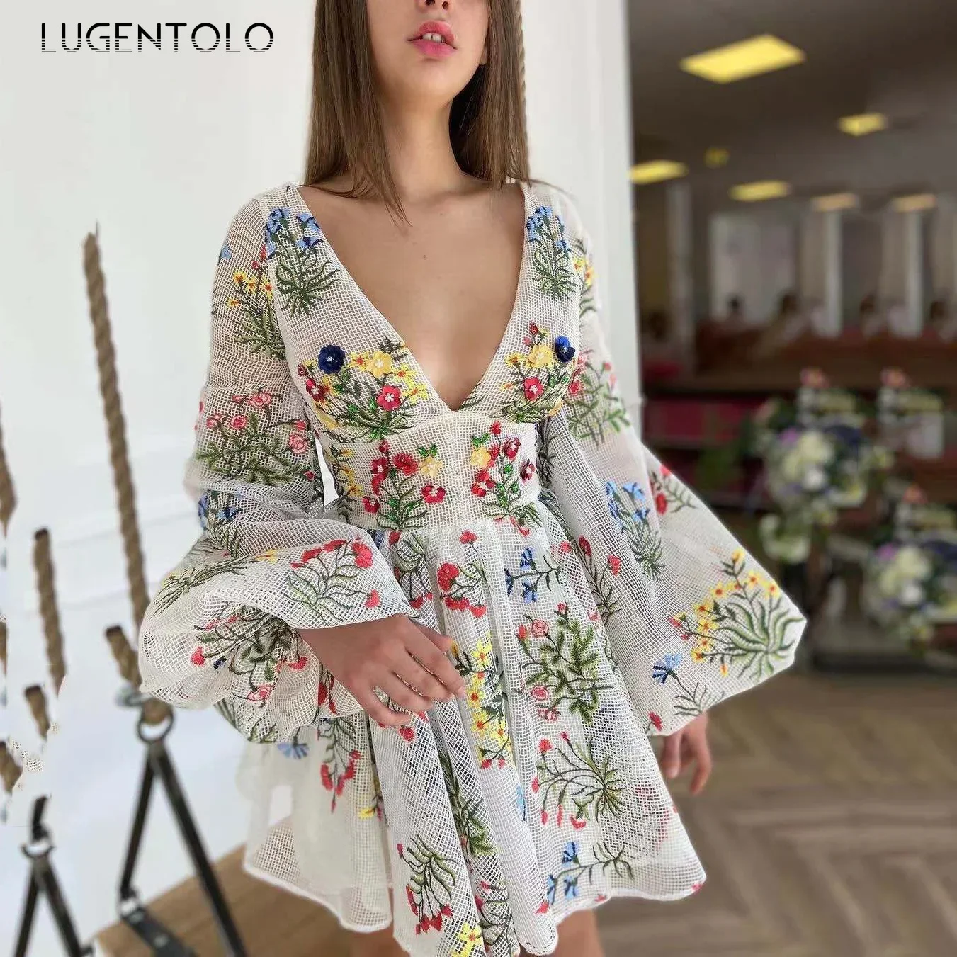 

Women Fairy Dress Mesh Embroidery Cocktail Party Summer Long Sleeve V-neck Sexy Fashion New Lady Casual Mini Clothing