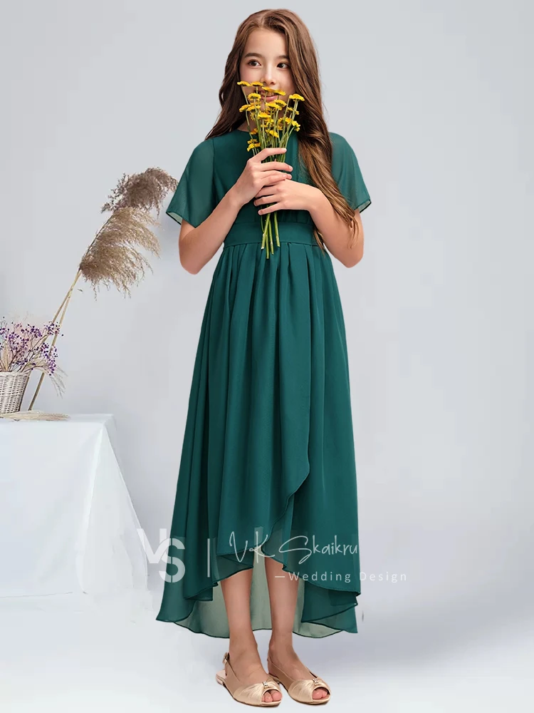 A-line Scoop Asymmetrical Chiffon Junior Bridesmaid Dress With Bow Pleated Peacock Flower Girl Dress Party for Wedding Summer