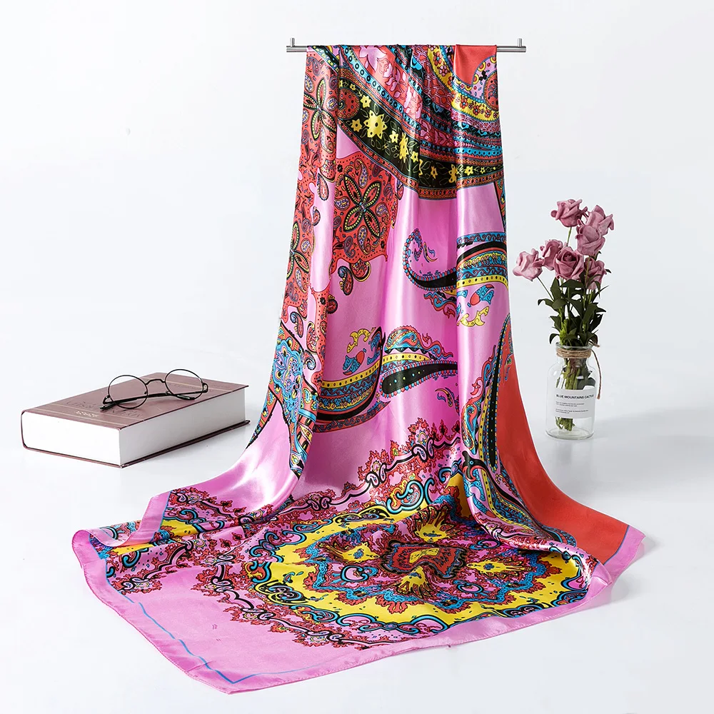 Foulard Carré de Luxe à Fleurs de Cajou pour Femme, 90cm, Bandana, Hijab, Bande Ronde pour Sauna, Cadeau de Noël et de Mariage