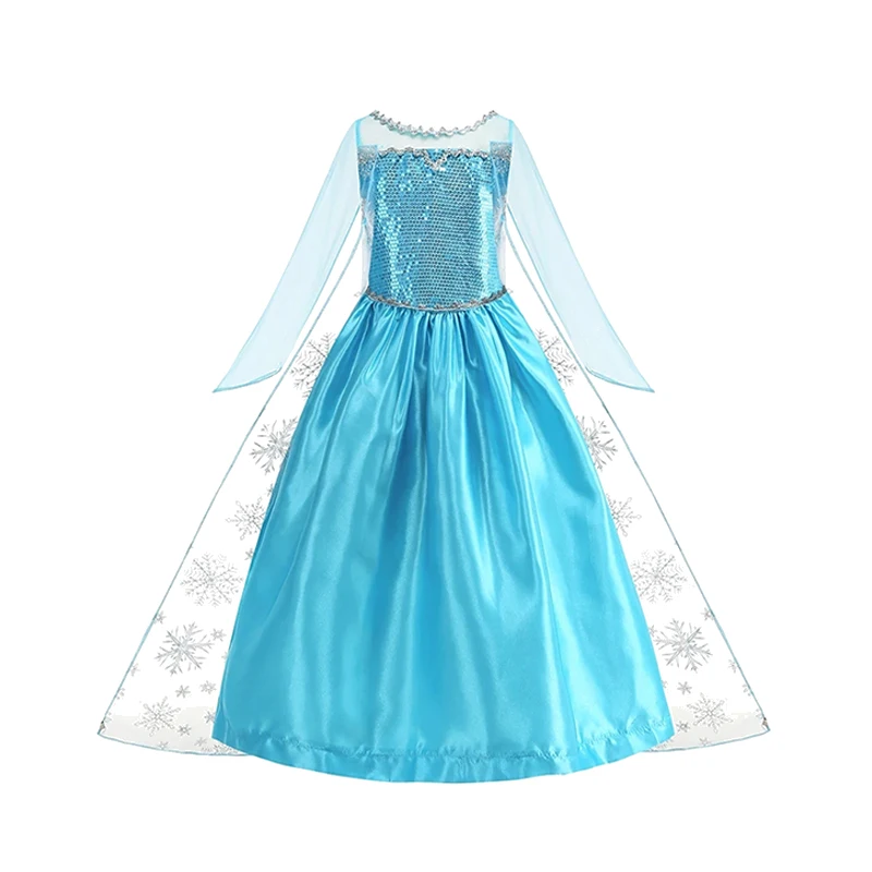 Girls Ice Snow Princess Sequin Gown Long Sheer Cape Sparkling Train for Carnival Birthday Stage Performance Dress-Up