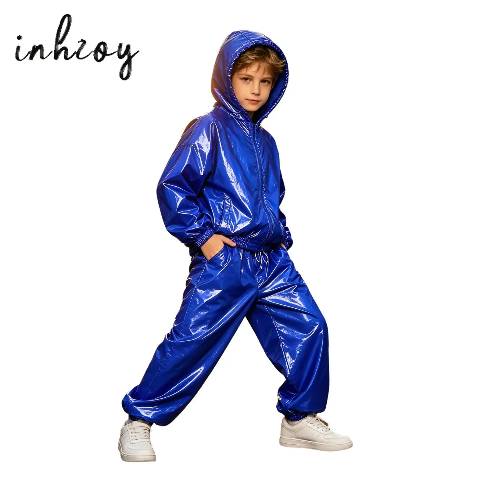 Kids Boys Girls Hip Hop Street Dancewear Water Resistant Outfit Long Sleeve Drawstring Hooded Jacket Raincoat with Jogger Pants