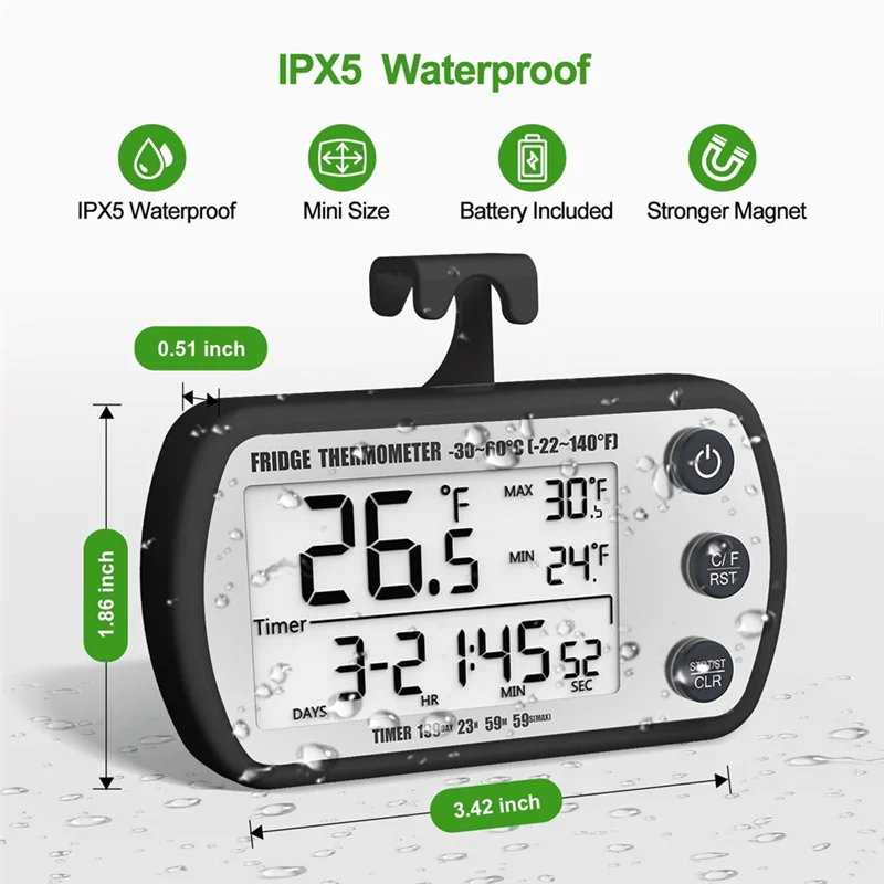 AAAN-مقياس حرارة الثلاجة الرقمي 2 حزمة، ميزان حرارة الثلاجة المقاوم للماء، وظيفة تسجيل ماكس/دقيقة، وظيفة الموقت #6