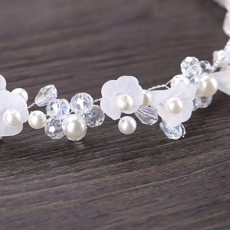 Crystal Pearl Flower Hair Vine Band Headband Tiara For Women Bride Girl Rhinestone Wedding Bridal Hair Accessories Jewelry Vine