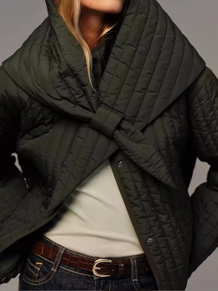 เสื้อโค้ทผ้าฝ้ายแขนยาวทรงหลวมสำหรับผู้หญิง สไตล์หรูหรา ปกผ้าพันคอแบบเรียบง่าย เหมาะสำหรับฤดูหนาว สวมใส่สบายๆ แบบลำลอง