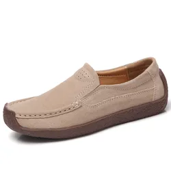 2026 New Spring Autumn Women Moccasins Suede Leather Flats Square Toe Comfortable Slip-on Shoes Fall Casual Apricot Loafers Lady