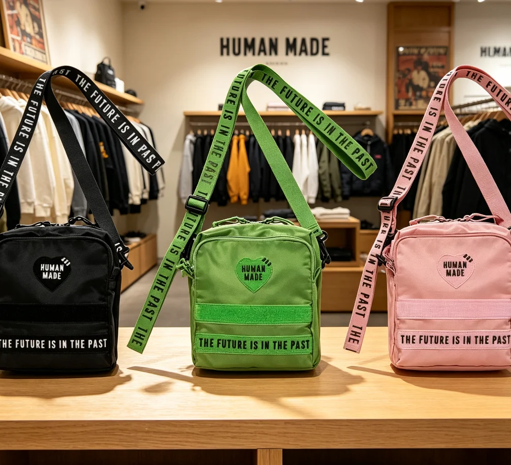 HUMAN MADE Olive Green Military Pouch Heart Logo Crossbody Lightweight Casual Bag