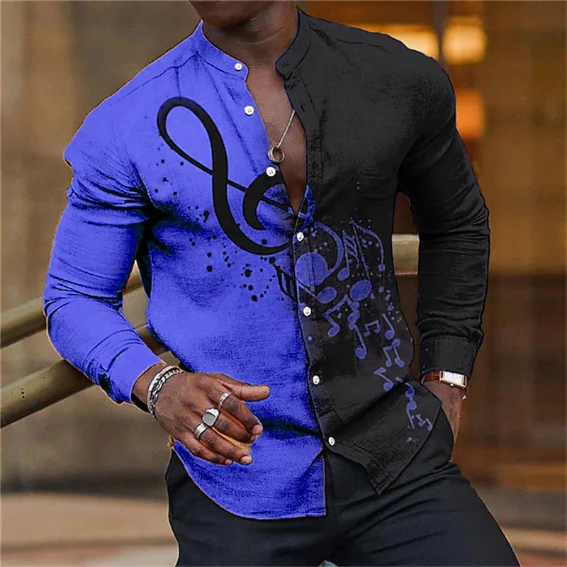 Luxury Music Festival Men\'s Colorblock Music Shirt 3D Printing Two-tone Style Long Sleeve 15 Color Party Stand Collar Shirt 2024