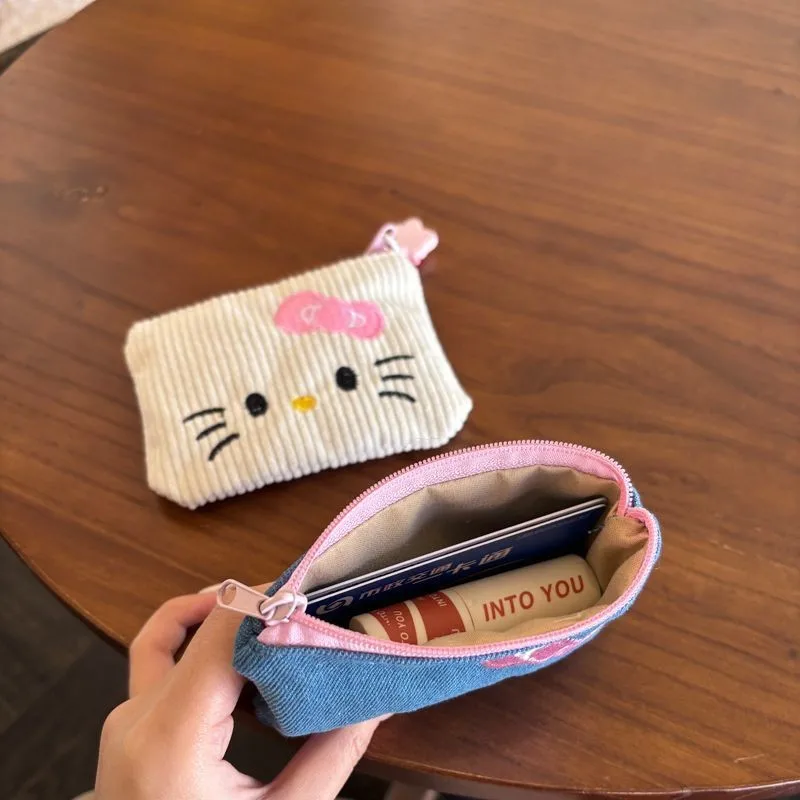 Kawaii Sanrio Anime Hobby Hello Kitty Cartoon Small Denim Embroidered Coin Wallet Portable Coin Bag Birthday Gift