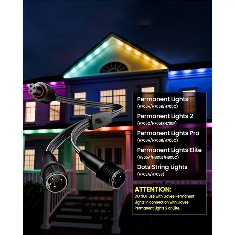 Divisor de conector Y para série de luzes externas permanentes Govee, cabo de extensão para H705A H705B H705C, 1 fêmea para 2