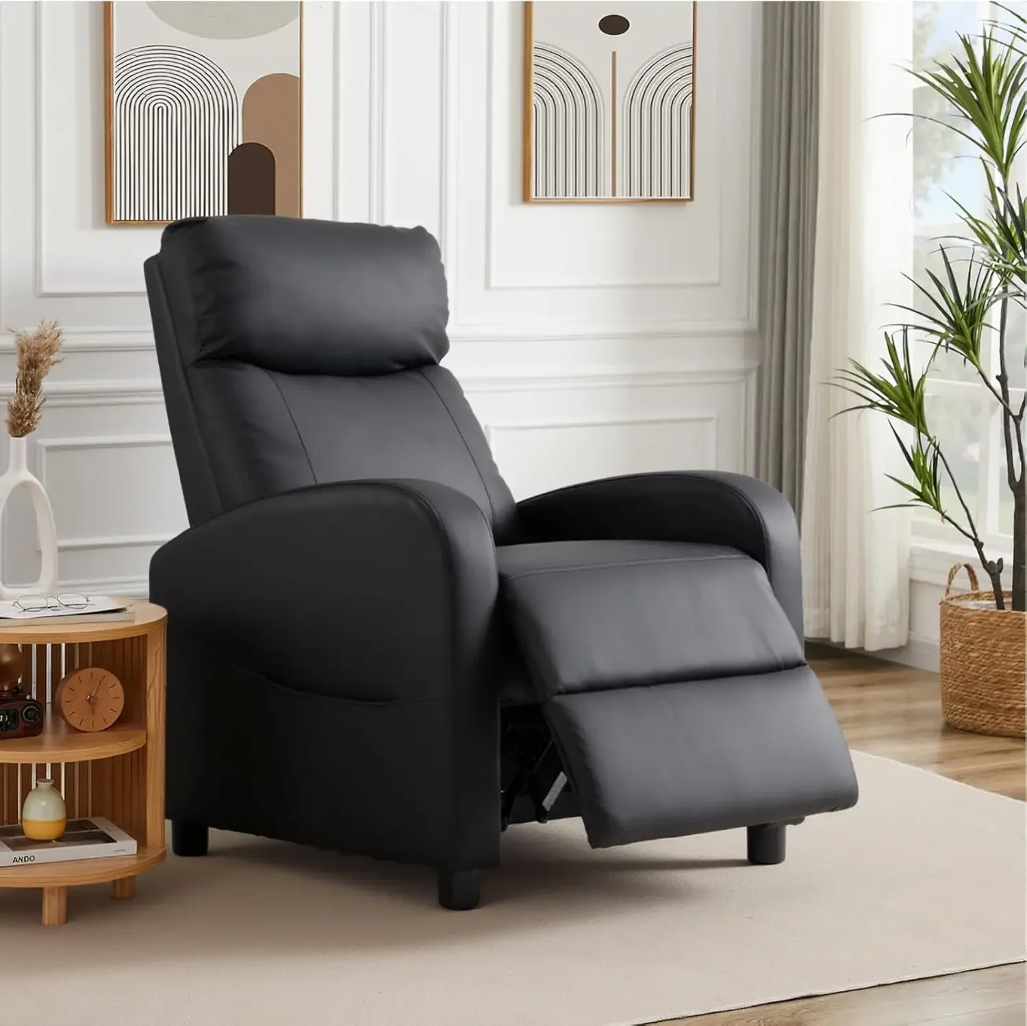 Black Push Back Adjustable Recliner Sofa PU Leather Home Theater Seating Lumbar Support High Density Sponge Living Room Recliner